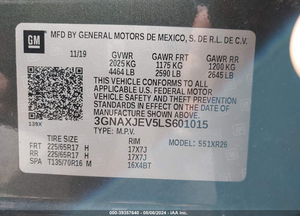 2020 CHEVROLET EQUINOX FWD 2FL VIN: 3GNAXJEV5LS601015