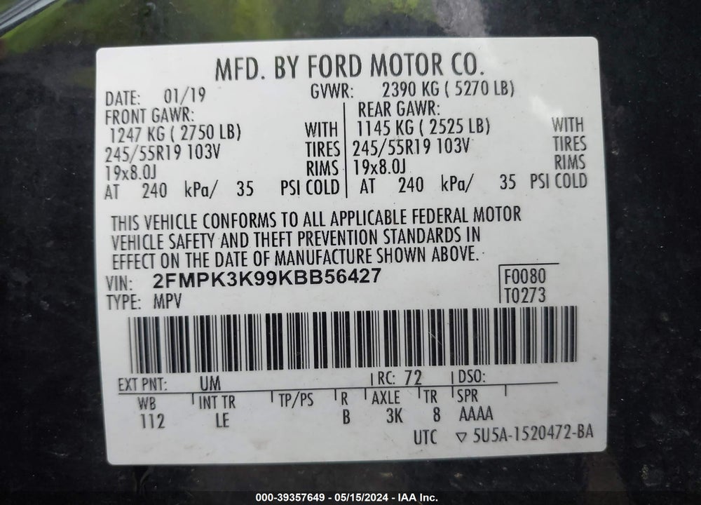 2019 FORD EDGE TITANIUM VIN: 2FMPK3K99KBB56427