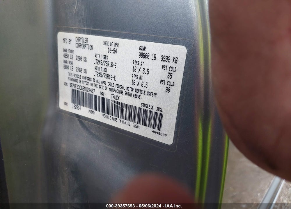 1995 DODGE RAM 2500 VIN: 3B7KF23C6SM127487