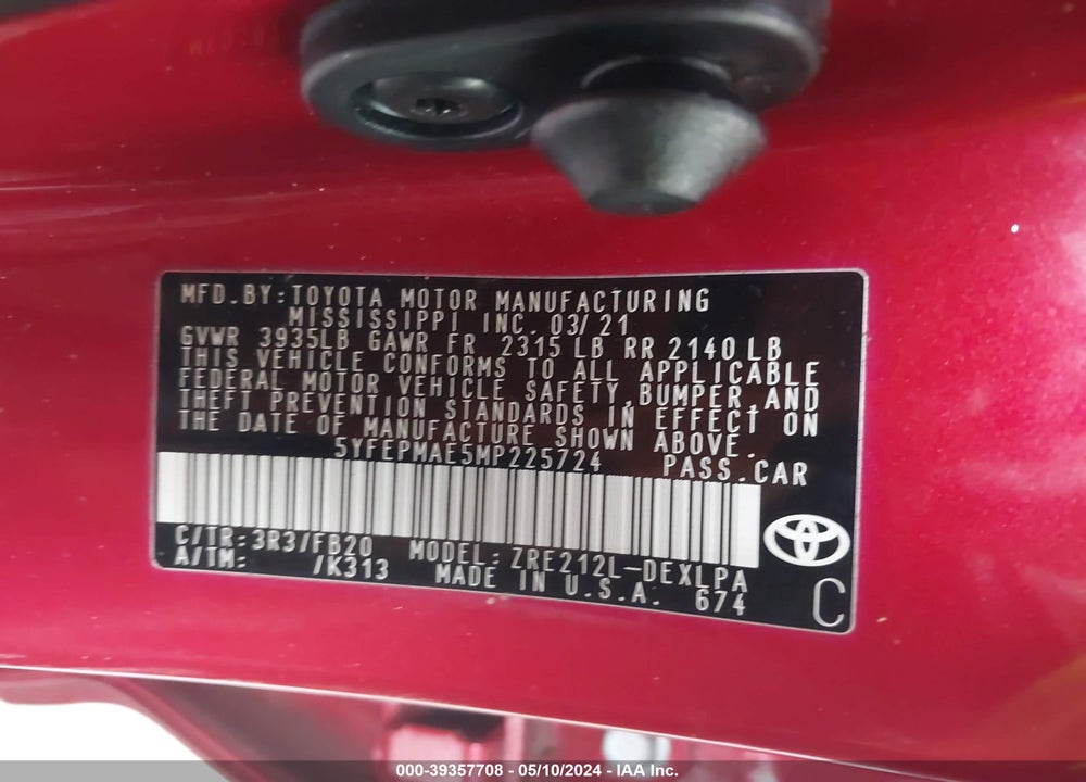 2021 TOYOTA COROLLA LE VIN: 5YFEPMAE5MP225724