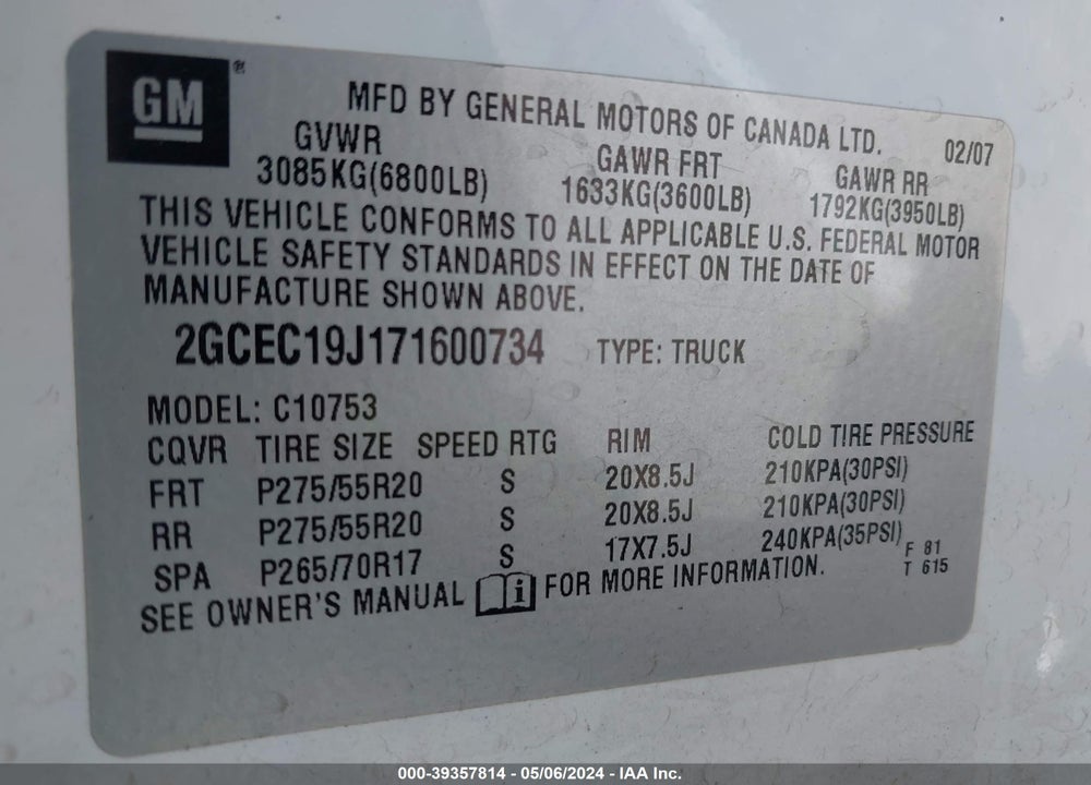 2007 CHEVROLET SILVERADO 1500 LT1 VIN: 2GCEC19J171600734