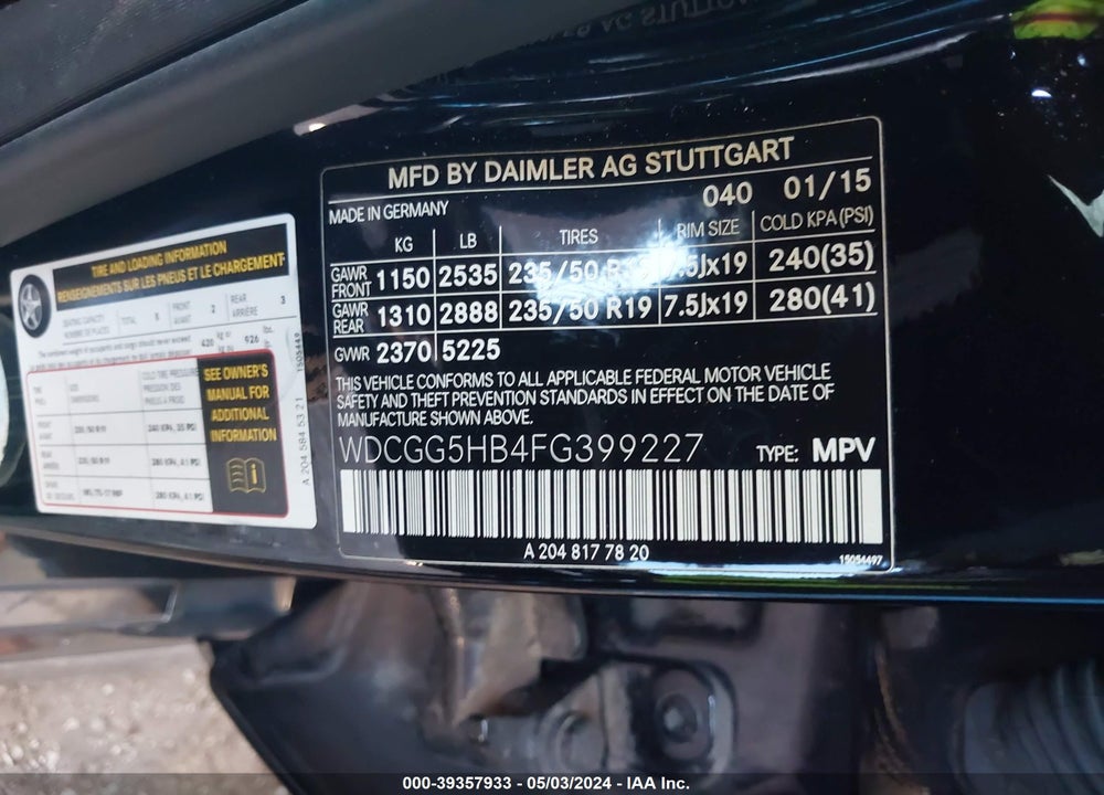 2015 MERCEDES-BENZ GLK 350 VIN: WDCGG5HB4FG399227