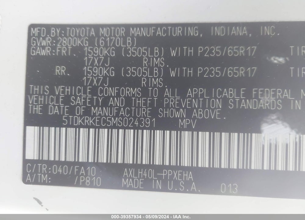 2021 TOYOTA SIENNA LE VIN: 5TDKRKEC5MS024391