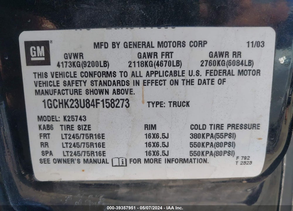 2004 CHEVROLET SILVERADO 2500HD LS VIN: 1GCHK23U84F158273