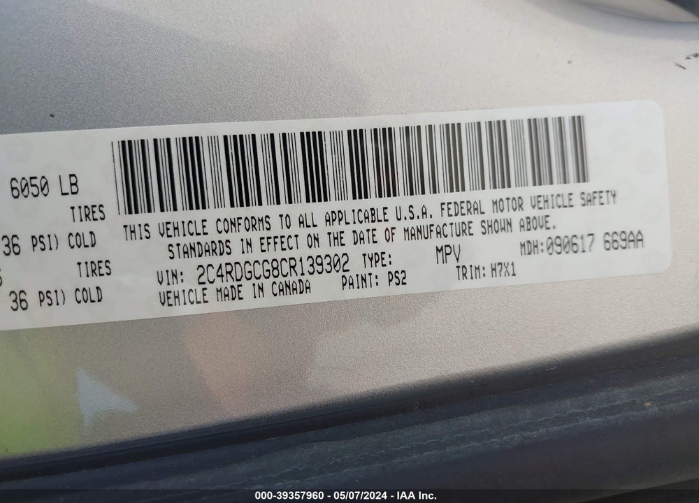 2012 DODGE GRAND CARAVAN VIN: 2C4RDGCG8CR139302