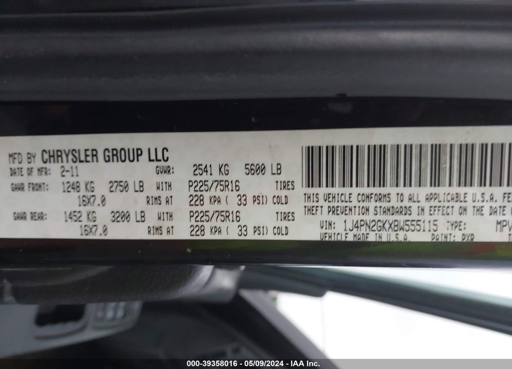 2011 JEEP LIBERTY SPORT VIN: 1J4PN2GKXBW555115