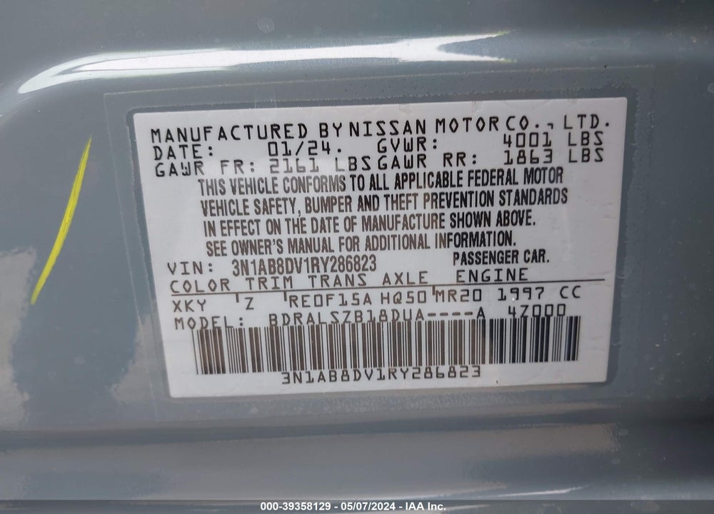 2024 NISSAN SENTRA SR XTRONIC CVT VIN: 3N1AB8DV1RY286823