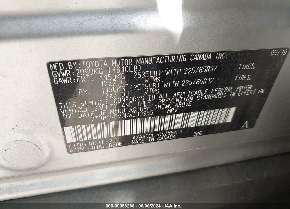 2019 TOYOTA RAV4 LE VIN: 2T3H1RFV0KW030959