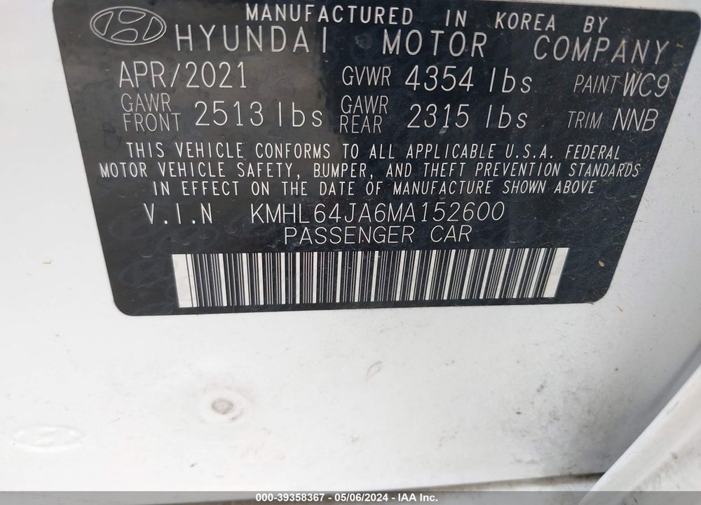 2021 HYUNDAI SONATA SEL VIN: KMHL64JA6MA152600