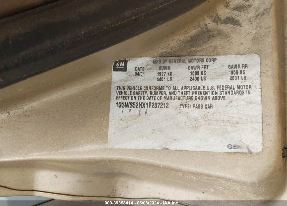2001 OLDSMOBILE INTRIGUE GL VIN: 1G3WS52HX1F237212