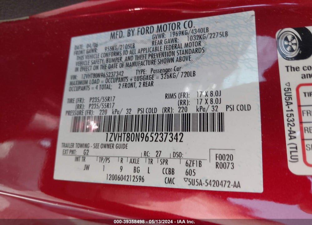 2006 FORD MUSTANG V6 VIN: 1ZVHT80N965237342