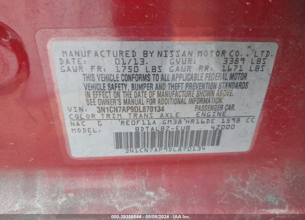 2013 NISSAN VERSA 1.6 SV VIN: 3N1CN7AP9DL870134