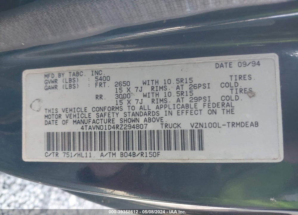 1994 TOYOTA PICKUP 1/2 TON SHORT WHLBSE DX VIN: 4TAVN01D4RZ294807