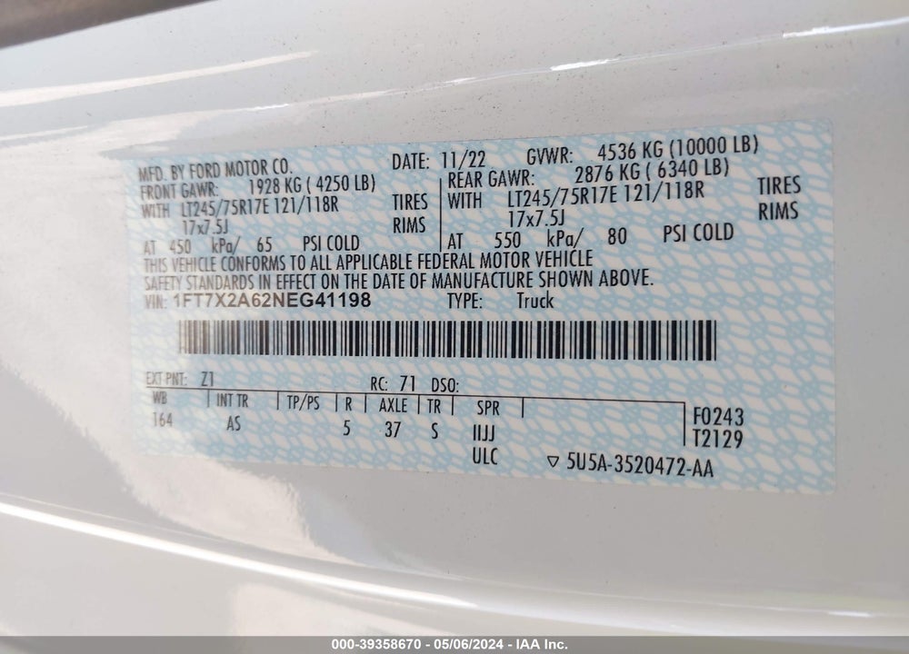 2022 FORD F-250 XL VIN: 1FT7X2A62NEG41198
