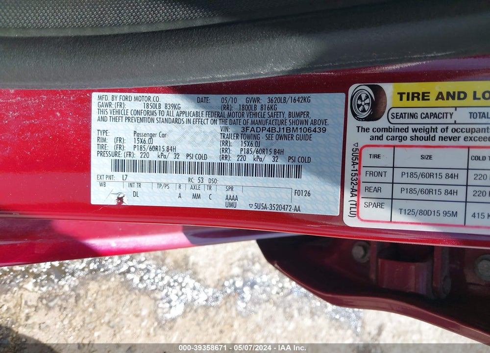 2011 FORD FIESTA SE VIN: 3FADP4BJ1BM106439