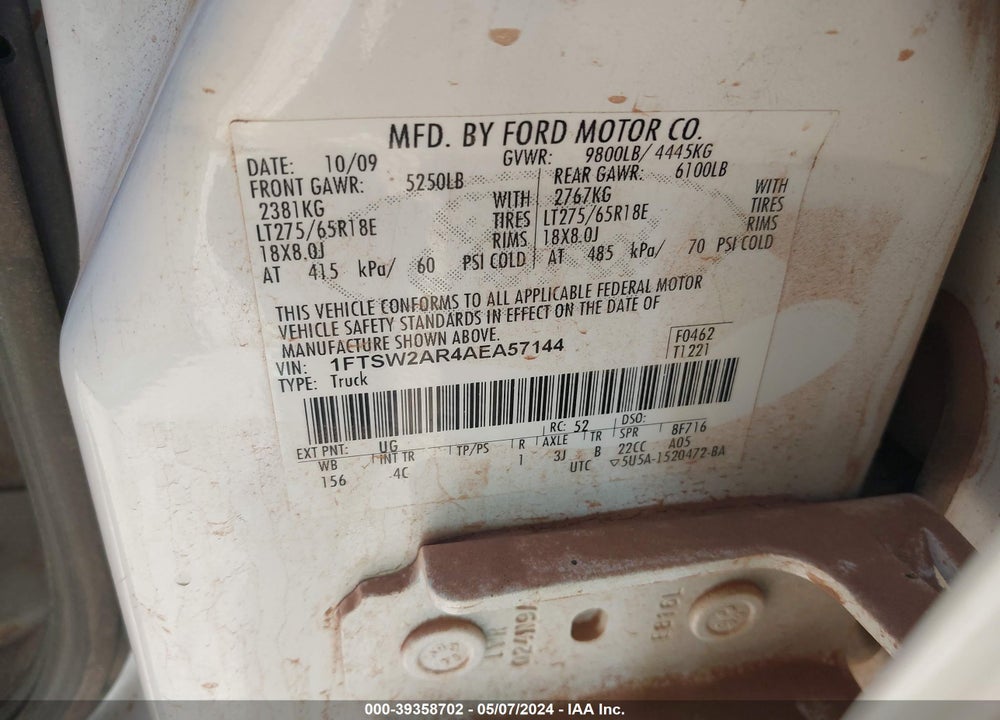 2010 FORD F-250 KING RANCH/LARIAT/XL/XLT VIN: 1FTSW2AR4AEA57144