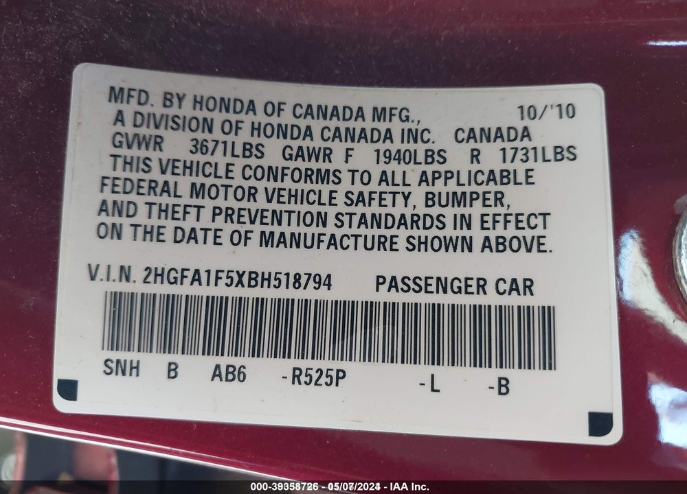 2011 HONDA CIVIC LX VIN: 2HGFA1F5XBH518794