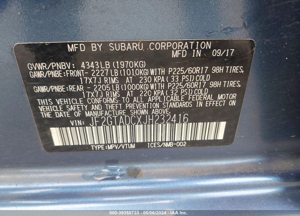 2018 SUBARU CROSSTREK 2.0I PREMIUM VIN: JF2GTADCXJH232416