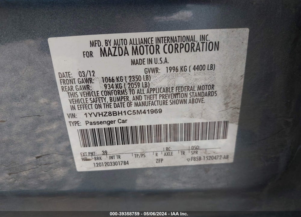 2012 MAZDA 6 I SPORT VIN: 1YVHZ8BH1C5M41969