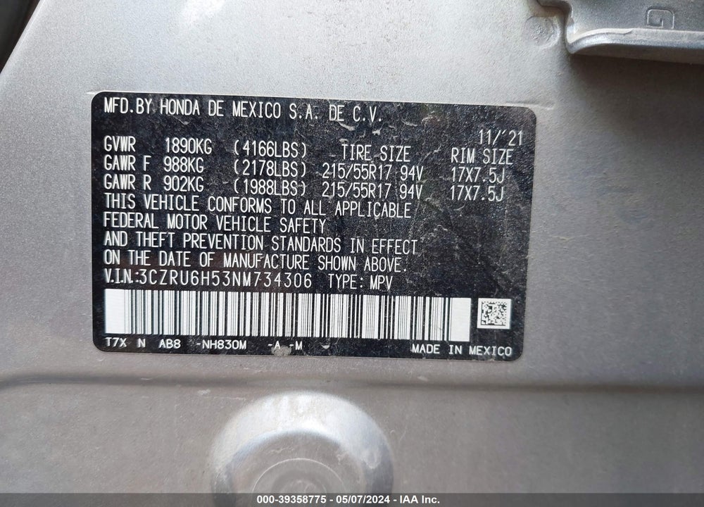 2022 HONDA HR-V AWD EX VIN: 3CZRU6H53NM734306