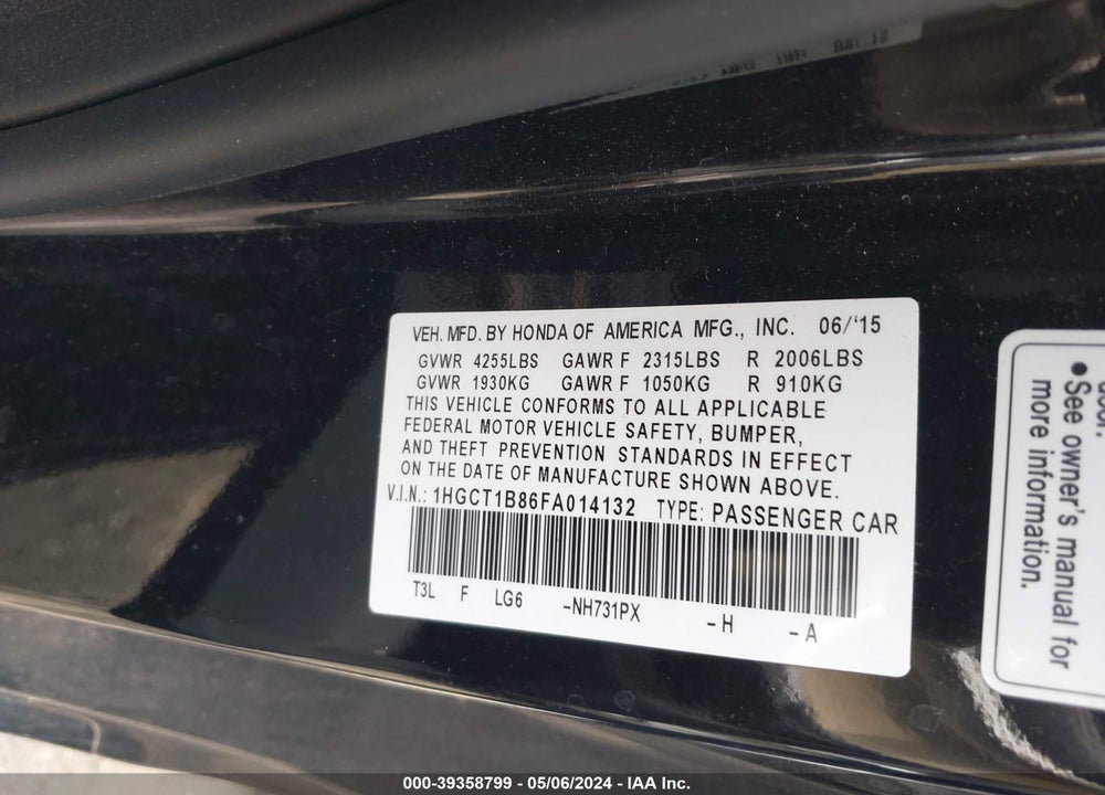 2015 HONDA ACCORD EX-L VIN: 1HGCT1B86FA014132