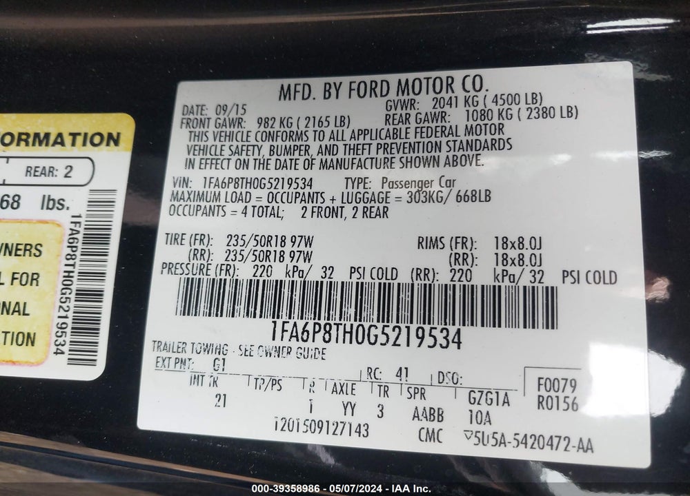 2016 FORD MUSTANG ECOBOOST VIN: 1FA6P8TH0G5219534