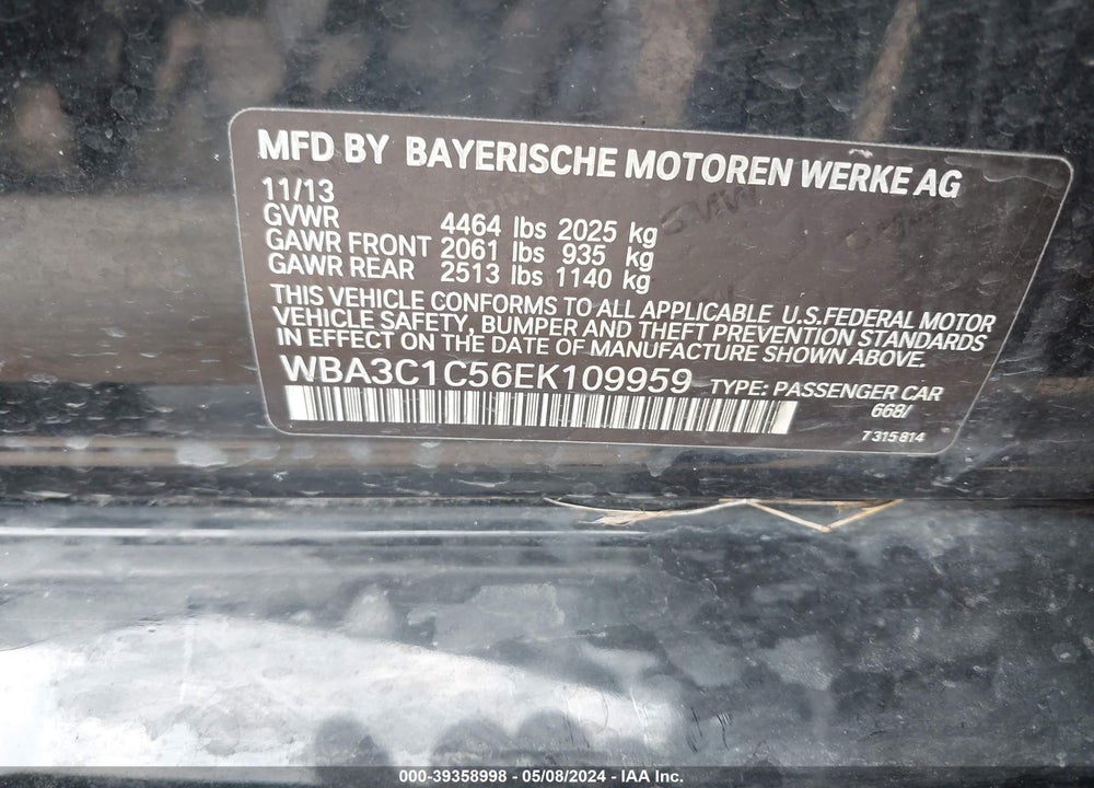 2014 BMW 328I VIN: WBA3C1C56EK109959