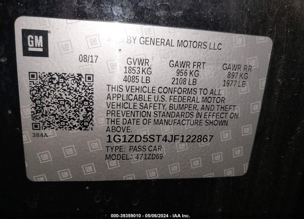 2018 CHEVROLET MALIBU LT VIN: 1G1ZD5ST4JF122867