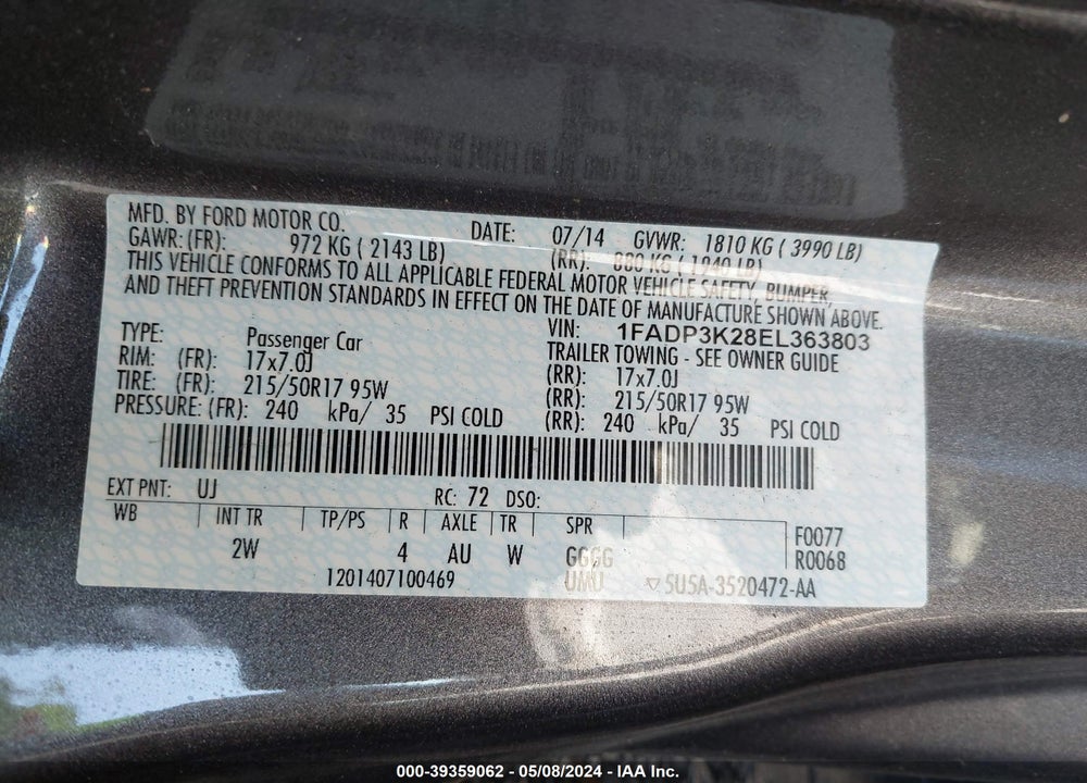 2014 FORD FOCUS SE VIN: 1FADP3K28EL363803
