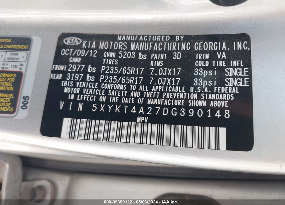 2013 KIA SORENTO LX V6 VIN: 5XYKT4A27DG390148