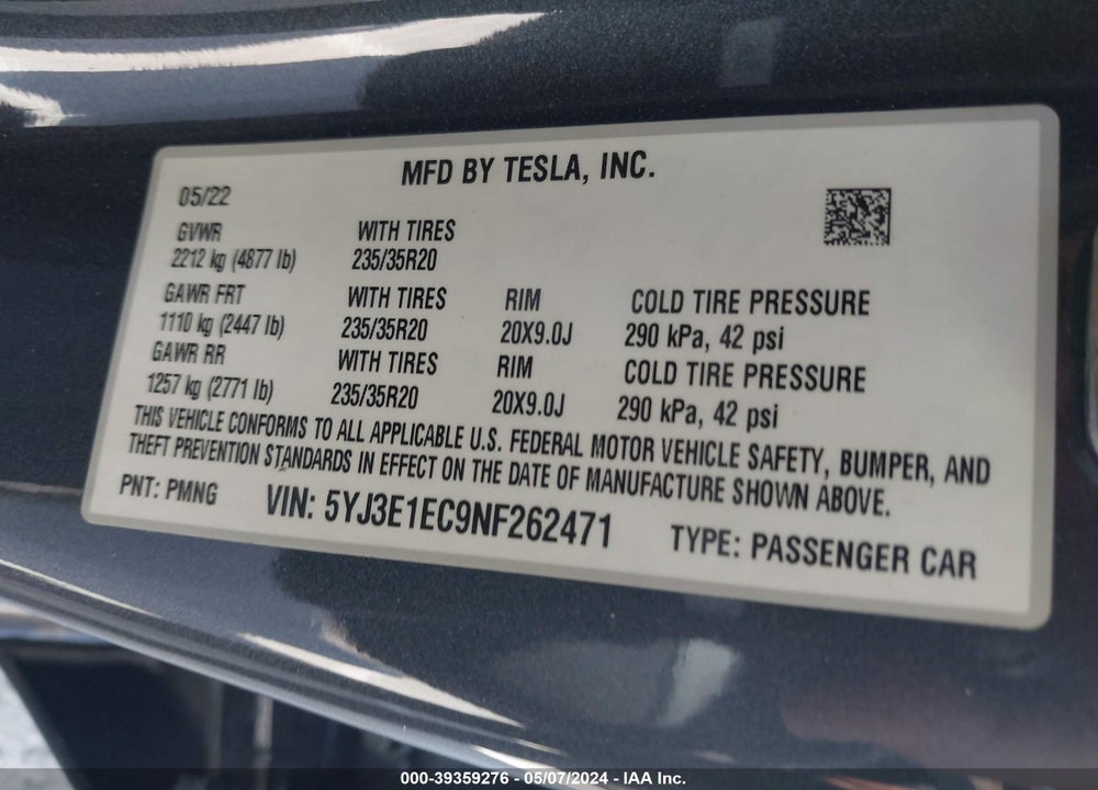2022 TESLA MODEL 3 PERFORMANCE DUAL MOTOR ALL-WHEEL DRIVE VIN: 5YJ3E1EC9NF262471