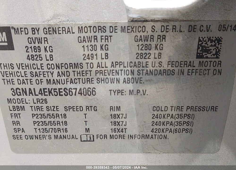 2014 CHEVROLET CAPTIVA SPORT LTZ VIN: 3GNAL4EK5ES674066