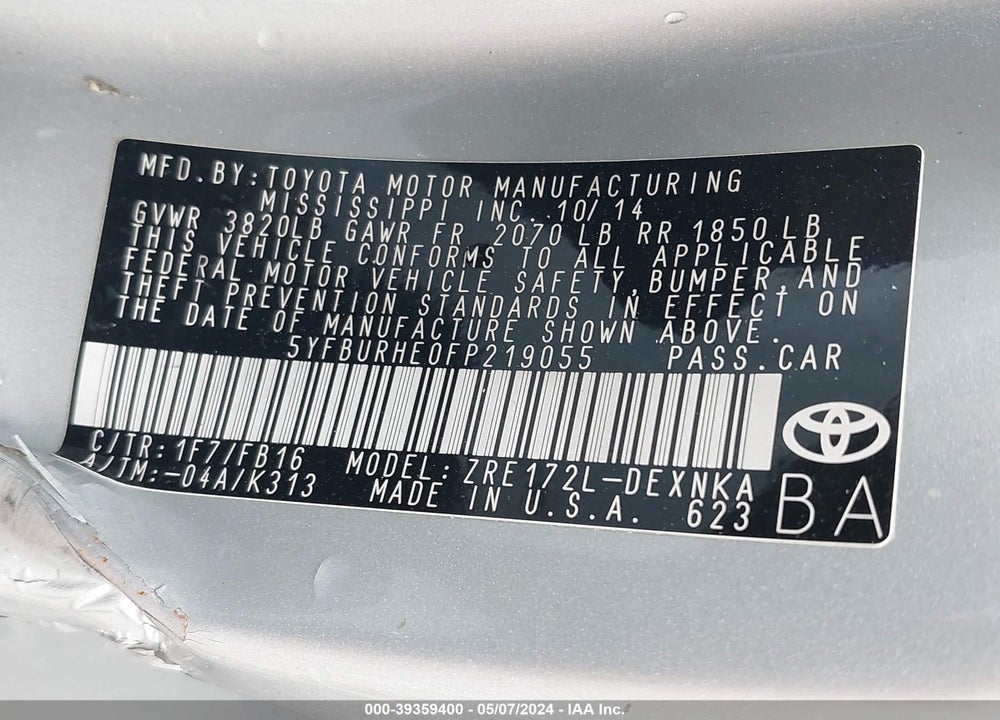 2015 TOYOTA COROLLA LE VIN: 5YFBURHE0FP219055