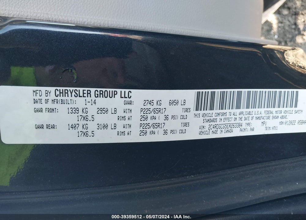 2014 DODGE GRAND CARAVAN SXT VIN: 2C4RDGCG5ER263384
