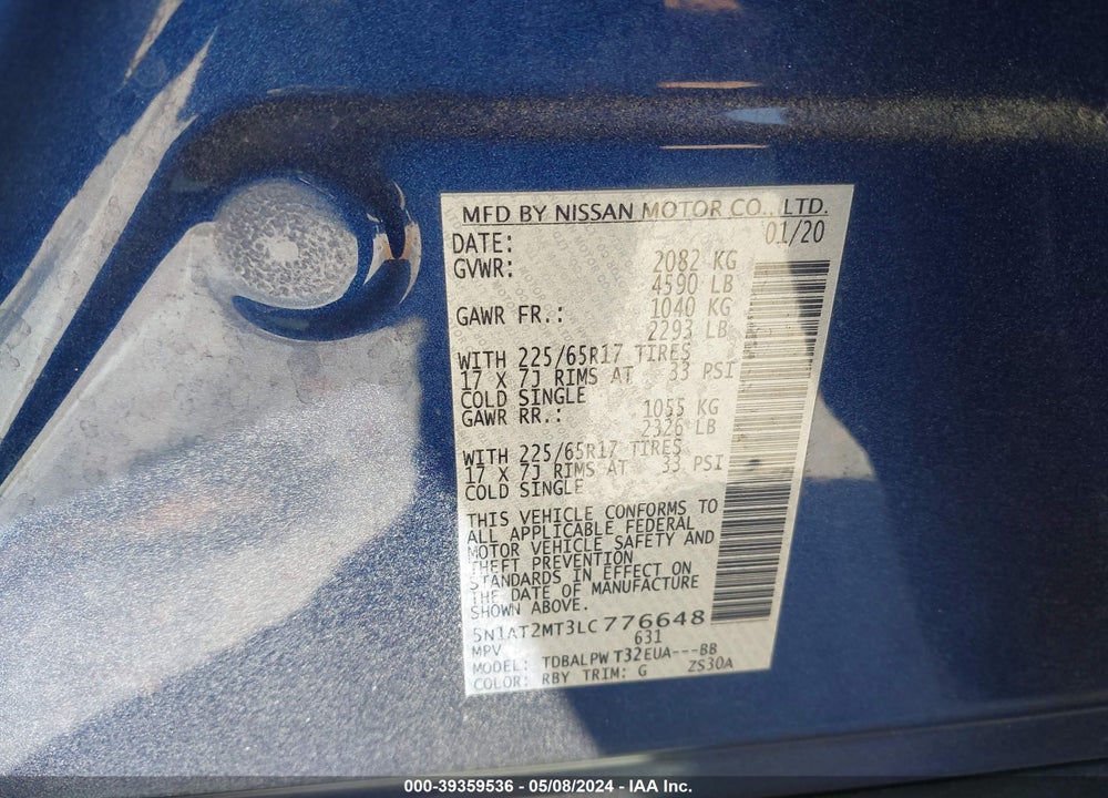 2020 NISSAN ROGUE S FWD VIN: 5N1AT2MT3LC776648