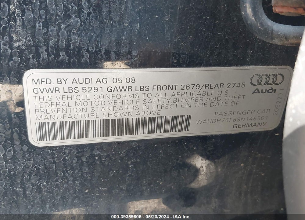 2008 AUDI A6 3.2 VIN: WAUDH74F88N146501