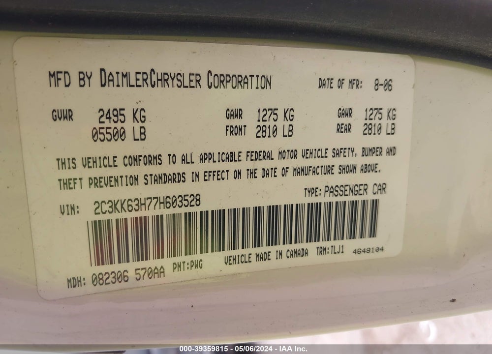 2007 CHRYSLER 300C VIN: 2C3KK63H77H603528