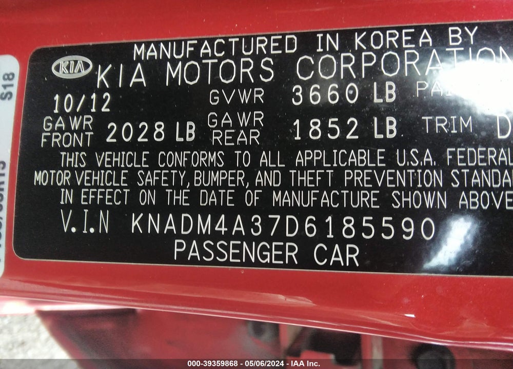 2013 KIA RIO LX VIN: KNADM4A37D6185590
