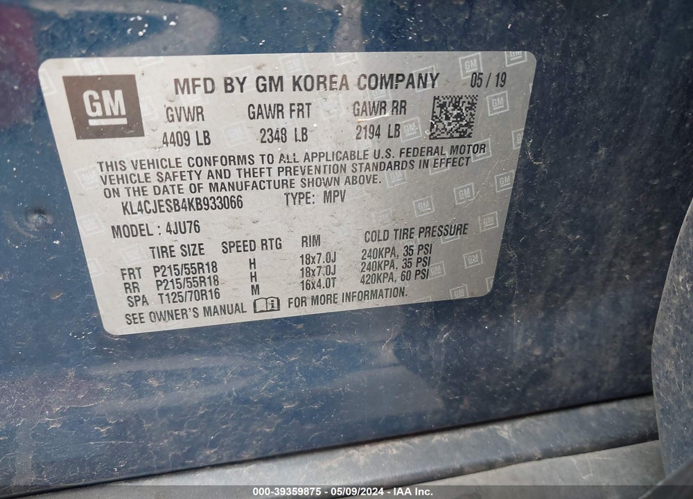 2019 BUICK ENCORE AWD PREFERRED VIN: KL4CJESB4KB933066