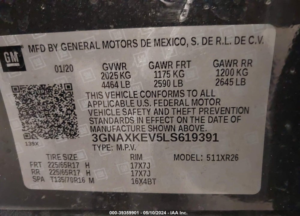 2020 CHEVROLET EQUINOX FWD LT 1.5L TURBO VIN: 3GNAXKEV5LS619391