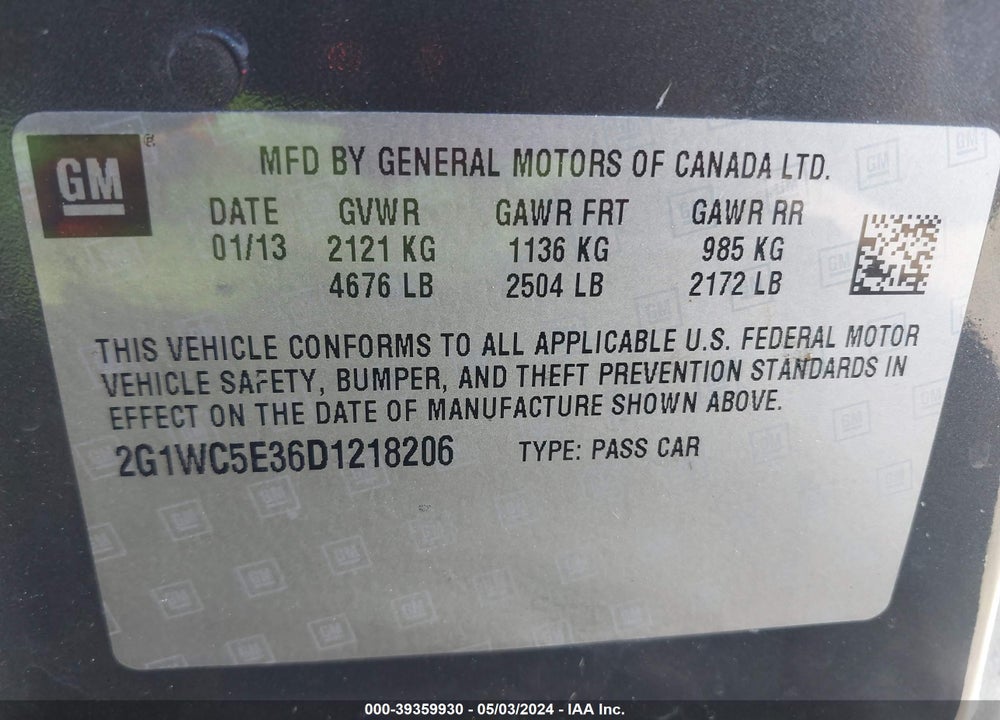 2013 CHEVROLET IMPALA LTZ VIN: 2G1WC5E36D1218206