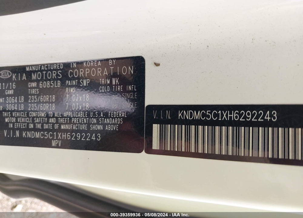 2017 KIA SEDONA EX VIN: KNDMC5C1XH6292243