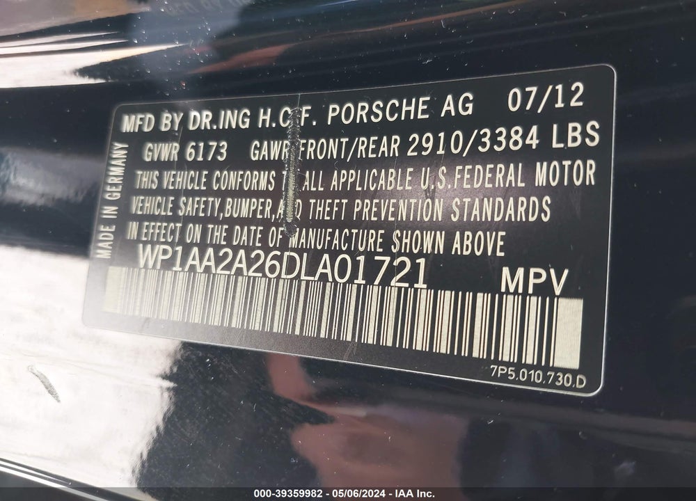 2013 PORSCHE CAYENNE VIN: WP1AA2A26DLA01721