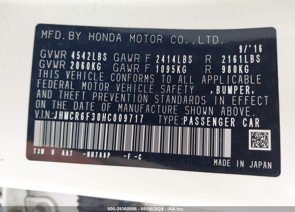 2017 HONDA ACCORD HYBRID VIN: JHMCR6F30HC009717