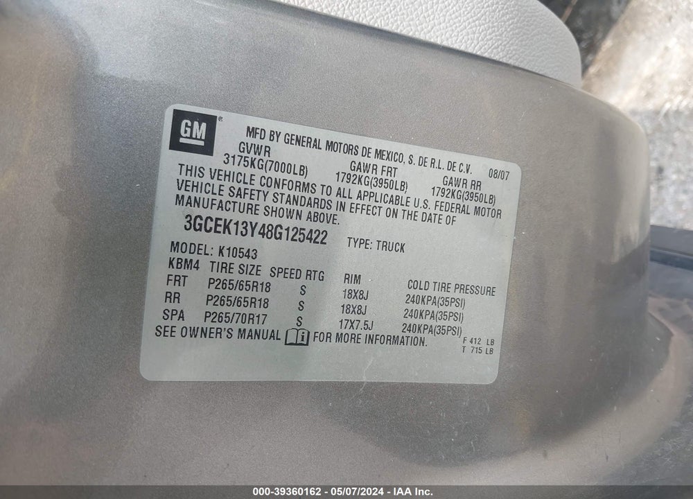 2008 CHEVROLET SILVERADO 1500 LTZ VIN: 3GCEK13Y48G125422