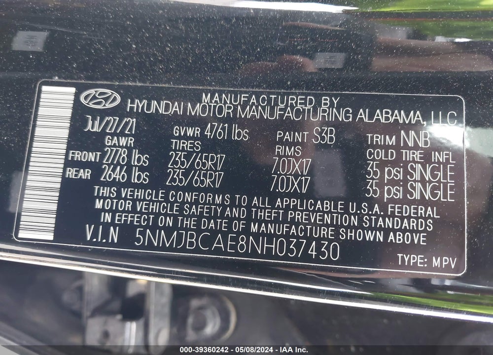 2022 HYUNDAI TUCSON SEL VIN: 5NMJBCAE8NH037430