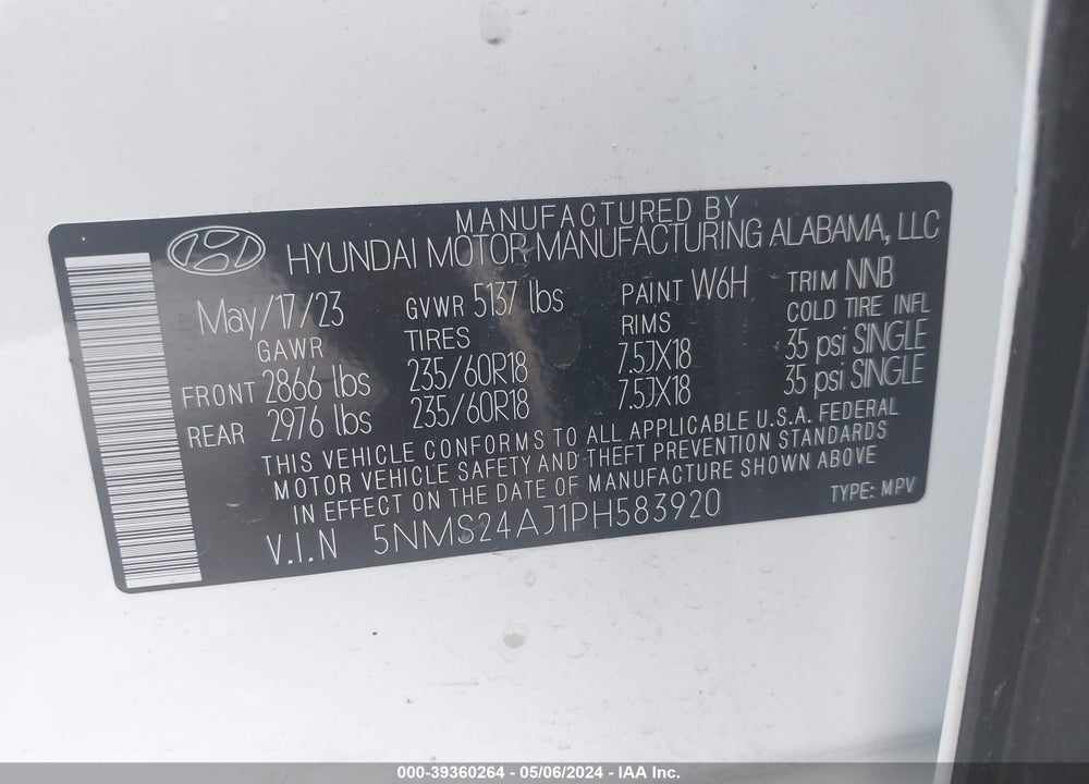 2023 HYUNDAI SANTA FE VIN: 5NMS24AJ1PH583920