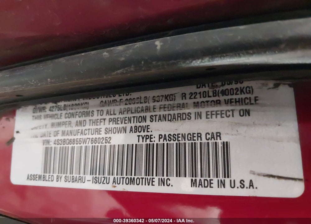 1998 SUBARU LEGACY OUTBACK/OUTBACK LIMITED/OUTBACK SPORT VIN: 4S3BG6855W7660252