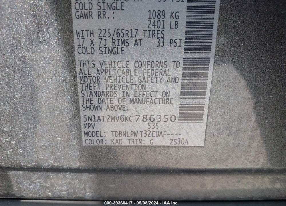 2019 NISSAN ROGUE S VIN: 5N1AT2MV6KC786350