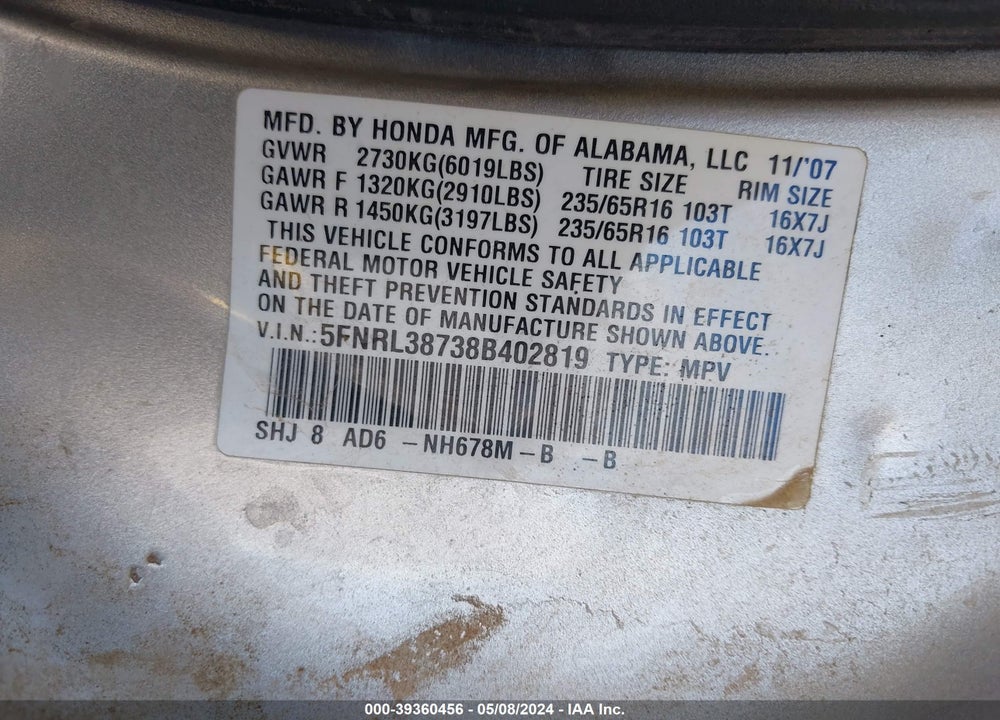 2008 HONDA ODYSSEY EX-L VIN: 5FNRL38738B402819